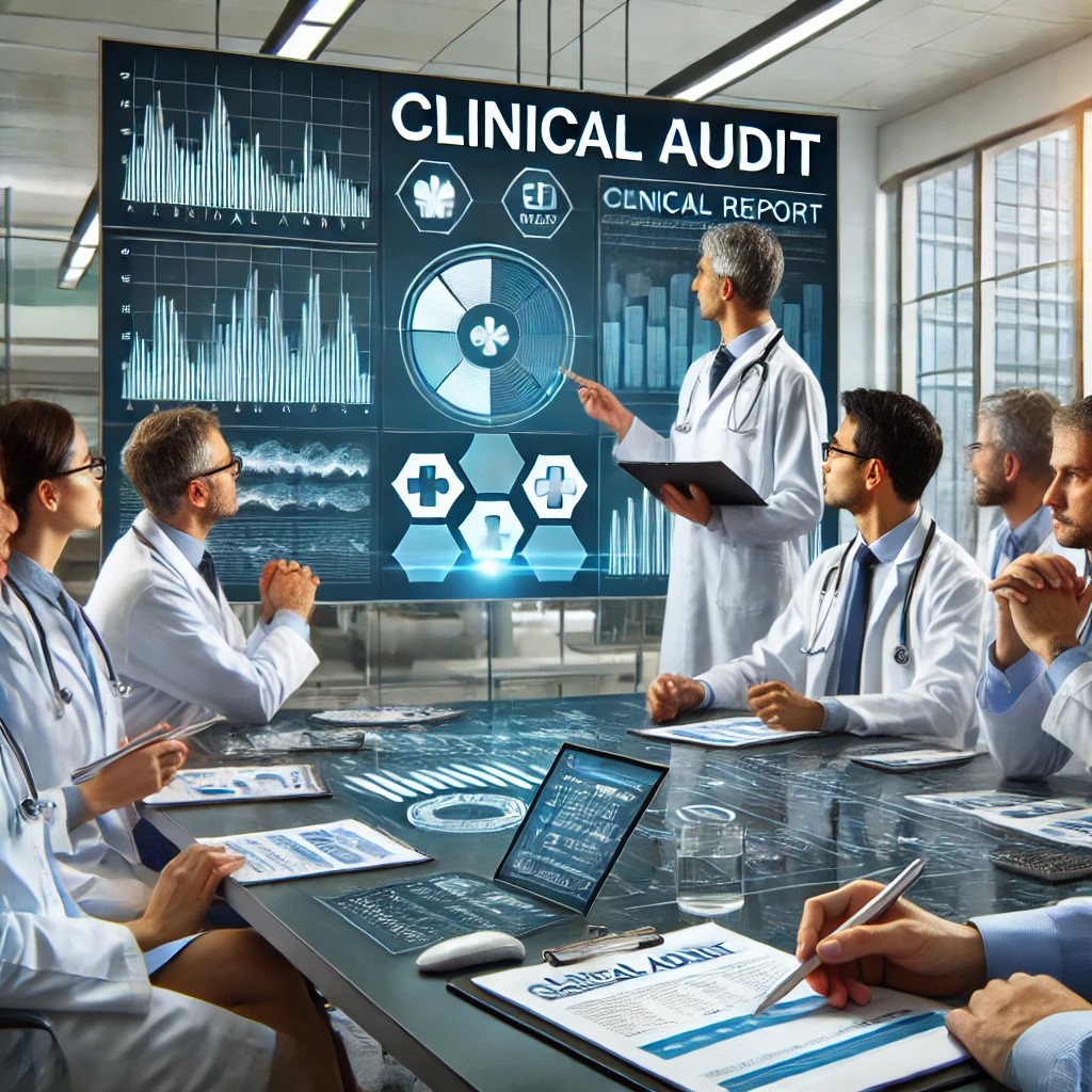 DALL·E 2025-03-12 17.18.35 – A team of doctors and healthcare professionals gathered around a large screen and tablet, analyzing data and charts related to clinical audit. The set